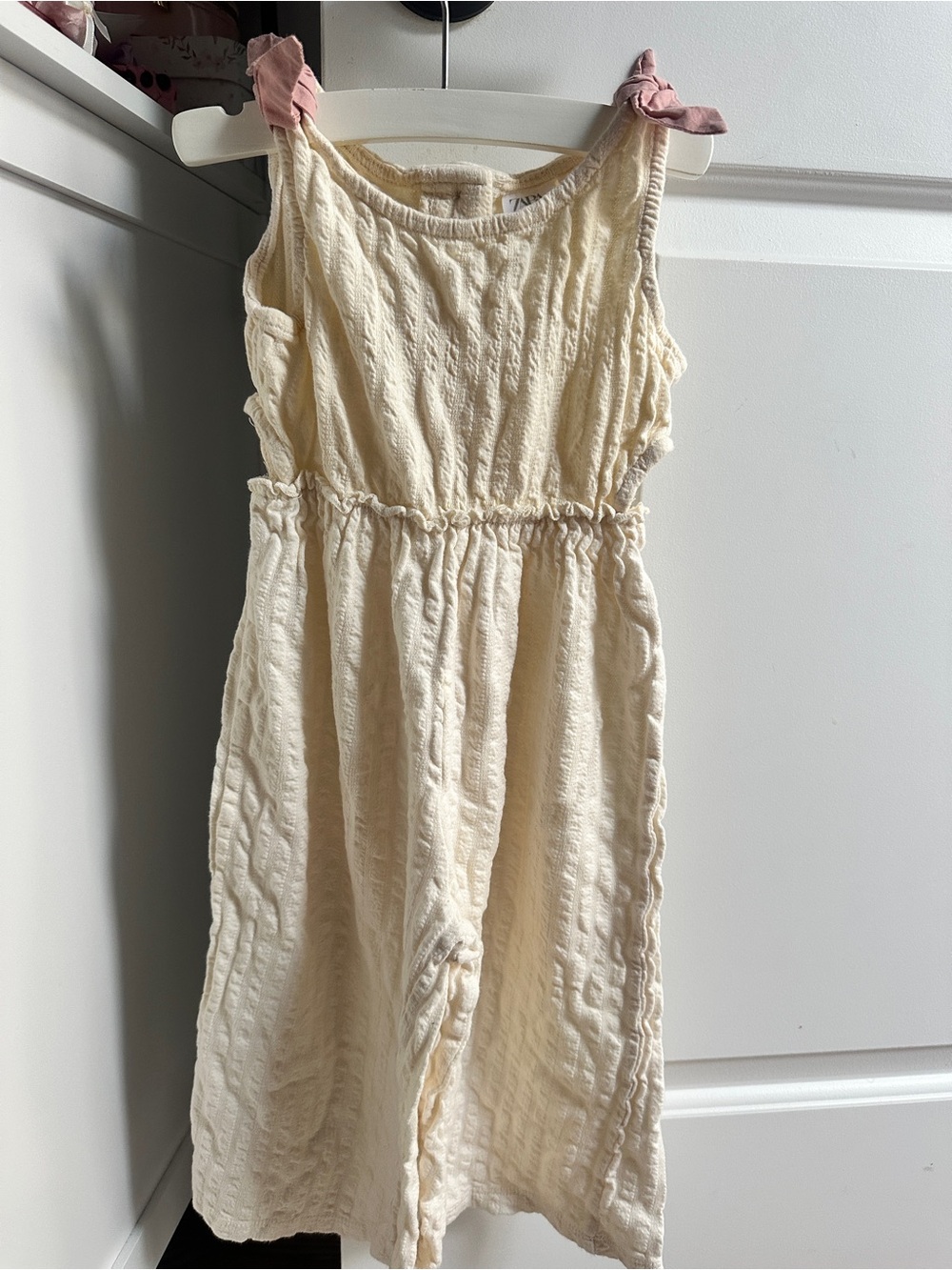 Zara Cream Sleeveless Cotton Romper with Pink Tie Straps Sz 4T